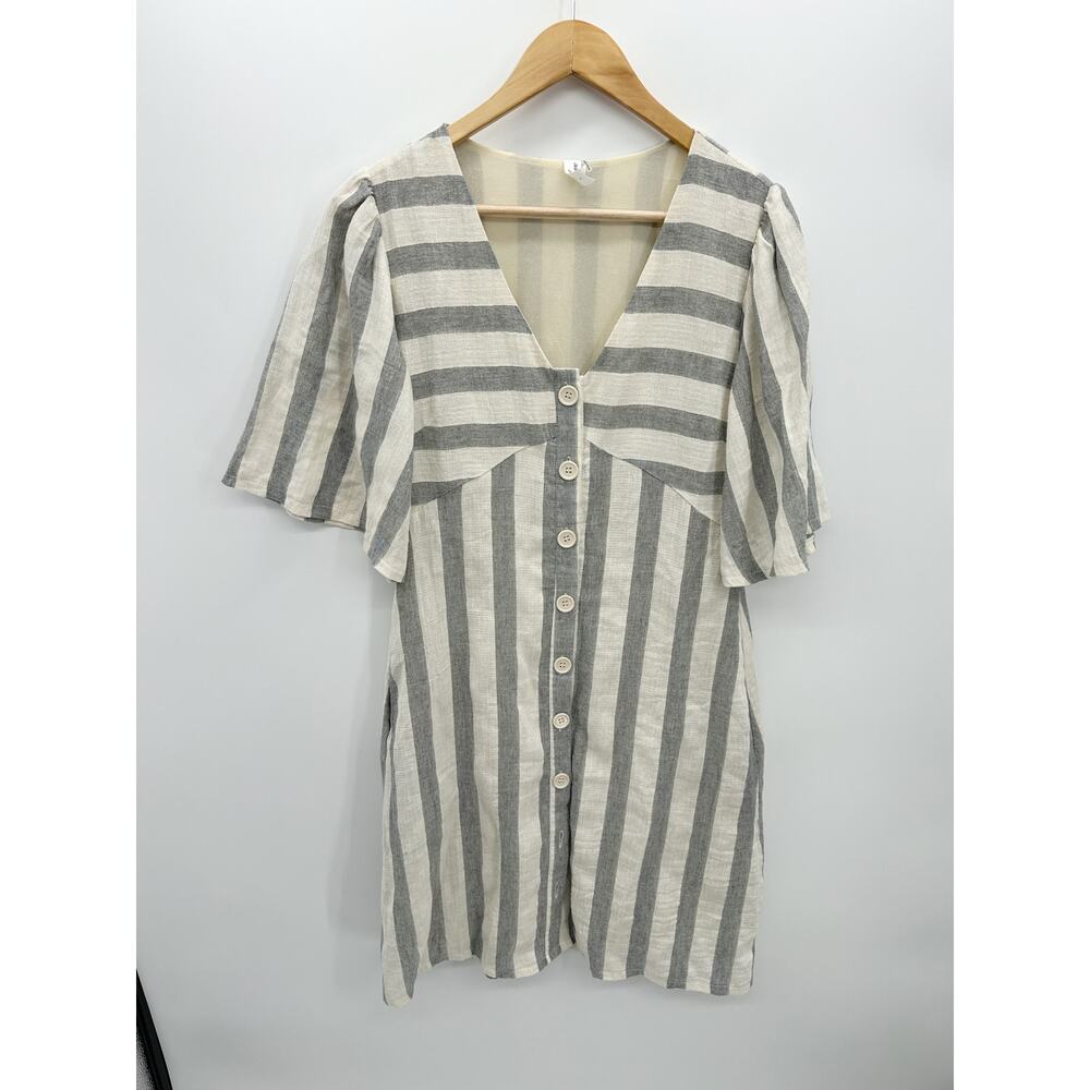 L Love Dress Women Medium Gray Cream Striped Button Down Midi‎ Lagenlook Minimal